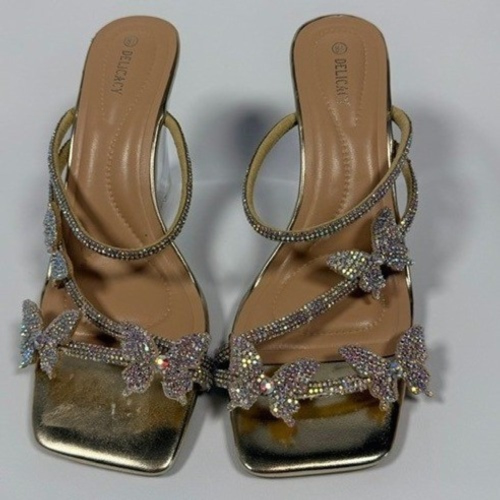 Delicacy Butterfly Dolly Parton Rhinestone Clear Wedge Sandals Size 8.5